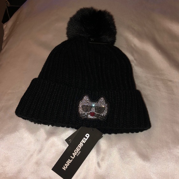 Karl Lagerfeld Paris Black Ribbed Beanie Choupette Patch Faux Fur Pom Pom OS NWT - Picture 13 of 16